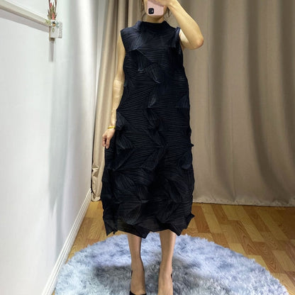 Summer New Women Sleeveless Dress Miyak Pleated Fashion Design Solid Loose Stand Collar Female Dresses