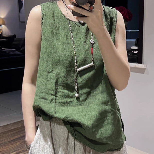 Summer Original Versatile Loose Casual Outerwear Retro Inner Wear Sleeveless Classic Round Neck Linen Vest Women