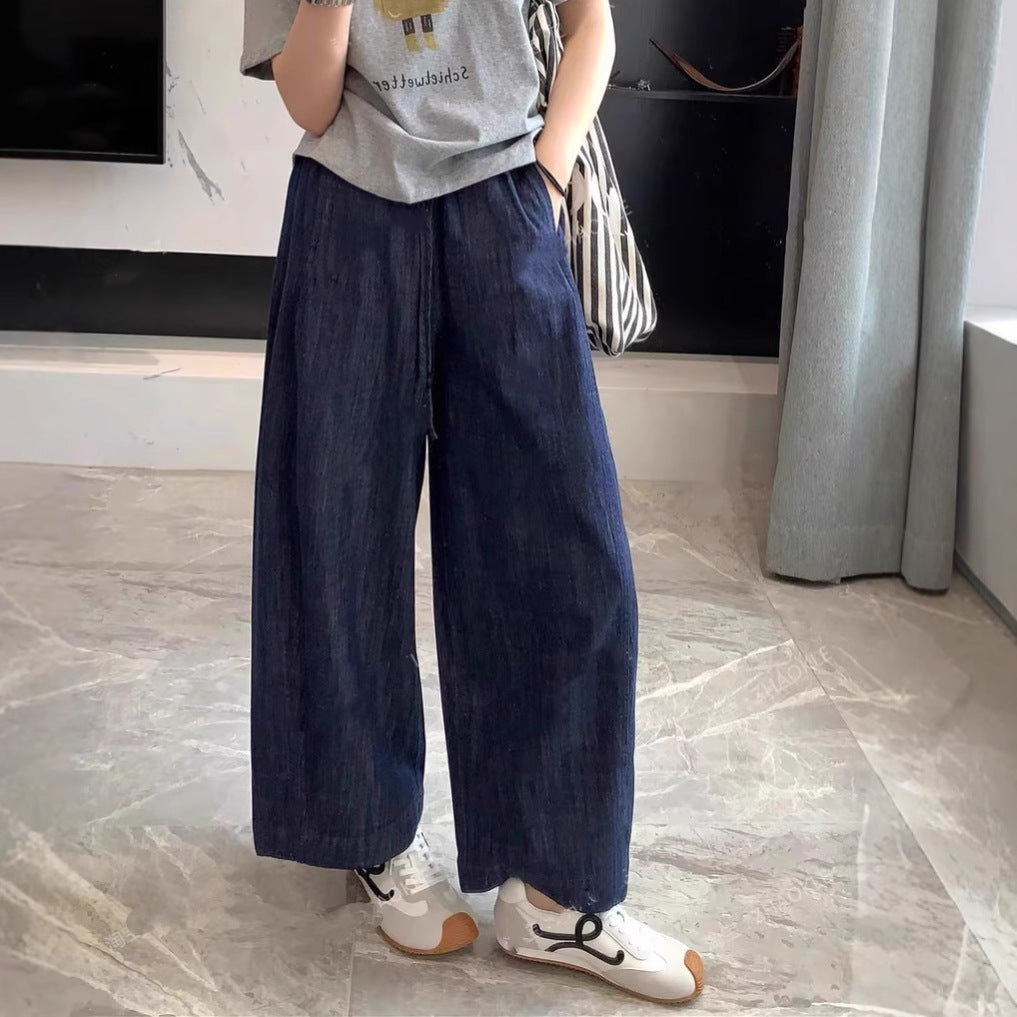 Deep Blue Linen Wide-Leg Pants for Women Summer Lightweight Loose Slimming Relaxed Straight Leg Trousers