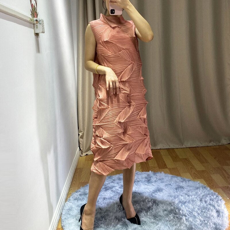 Summer New Women Sleeveless Dress Miyak Pleated Fashion Design Solid Loose Stand Collar Female Dresses