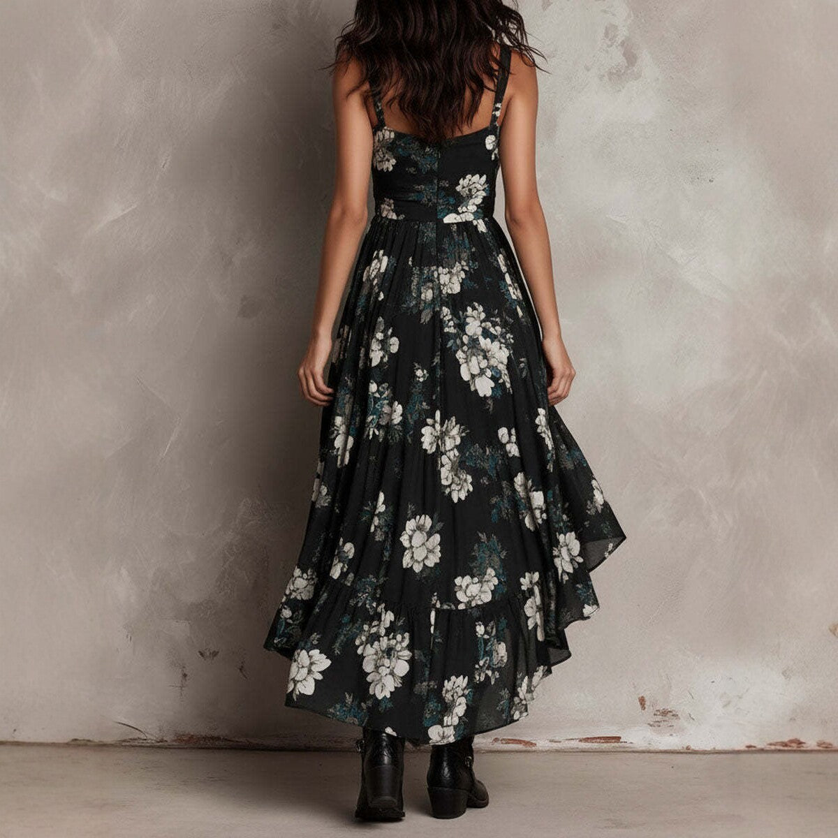 Black Floral High-Low Asymmetric Dress