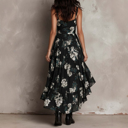 Black Floral High-Low Asymmetric Dress