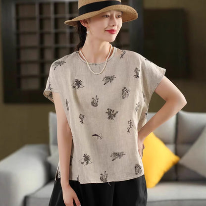 Vintage Hemp Embroidered Short Sleeve Women's Literary Round Neck Loose Summer Linen Top