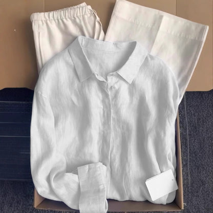 French Blue Linen Shirt for Women, Summer Lightweight Loose Vintage-Style Linen Blouse, Long Sleeve Sun Protection Cotton-Linen Top