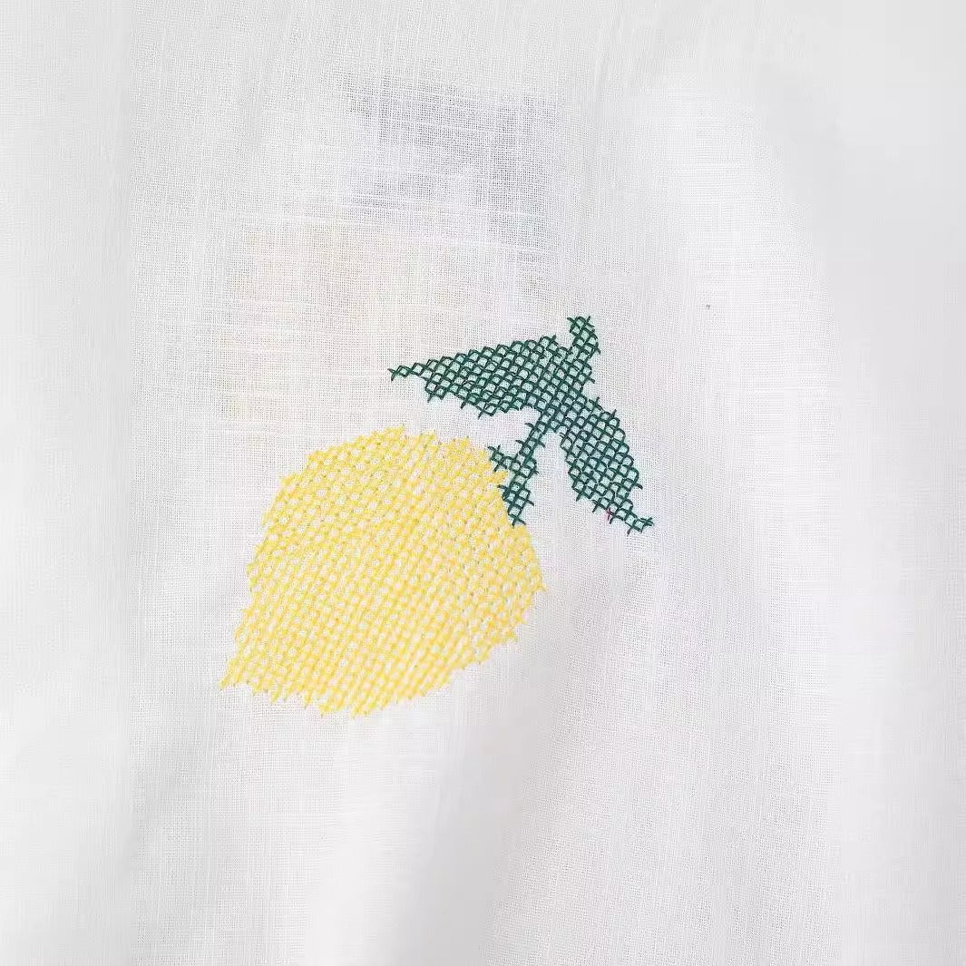 Women's Lemon Embroidered White Cotton Linen Shirt
