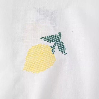 Women's Lemon Embroidered White Cotton Linen Shirt