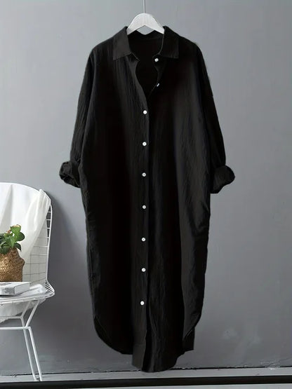 Fashion Long Sleeve Cotton Linen Midi Dress Women Fall Loose Casual Comfortable White Buttons Dresses For Women Robe Femme