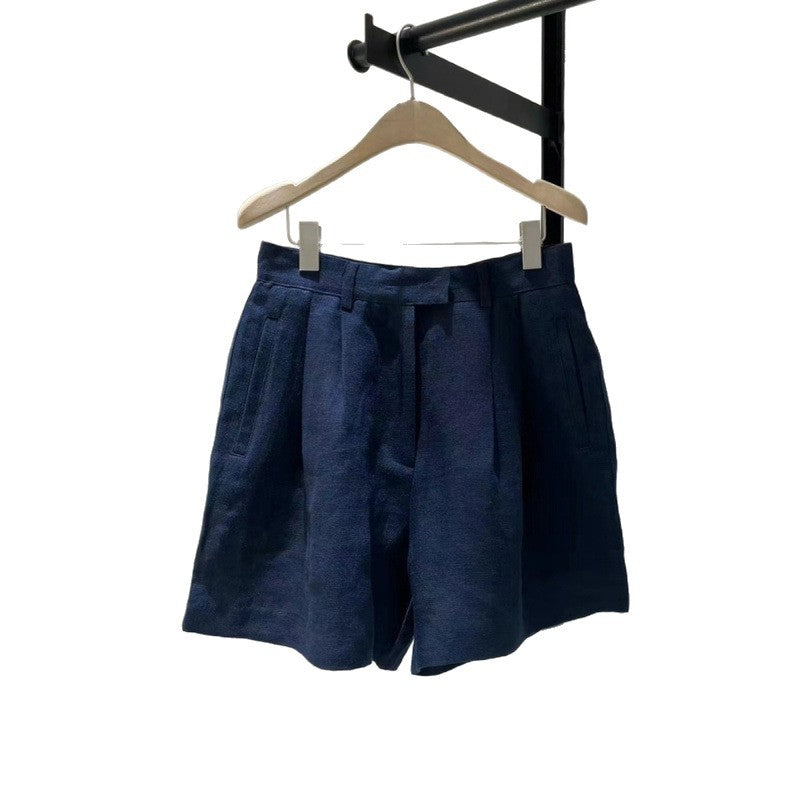 Summer Lightweight Wide Commuting Versatile Dark Blue Ramie Casual Shorts Loose Linen Pants for Women