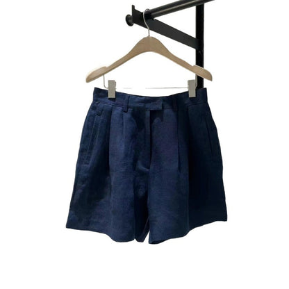 Summer Lightweight Wide Commuting Versatile Dark Blue Ramie Casual Shorts Loose Linen Pants for Women