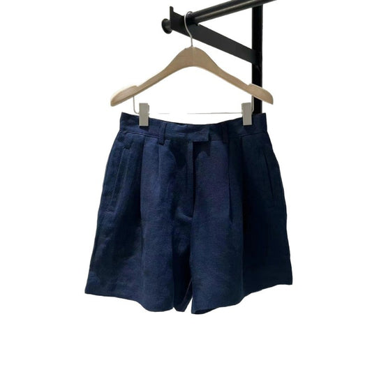 Summer Lightweight Wide Commuting Versatile Dark Blue Ramie Casual Shorts Loose Linen Pants for Women