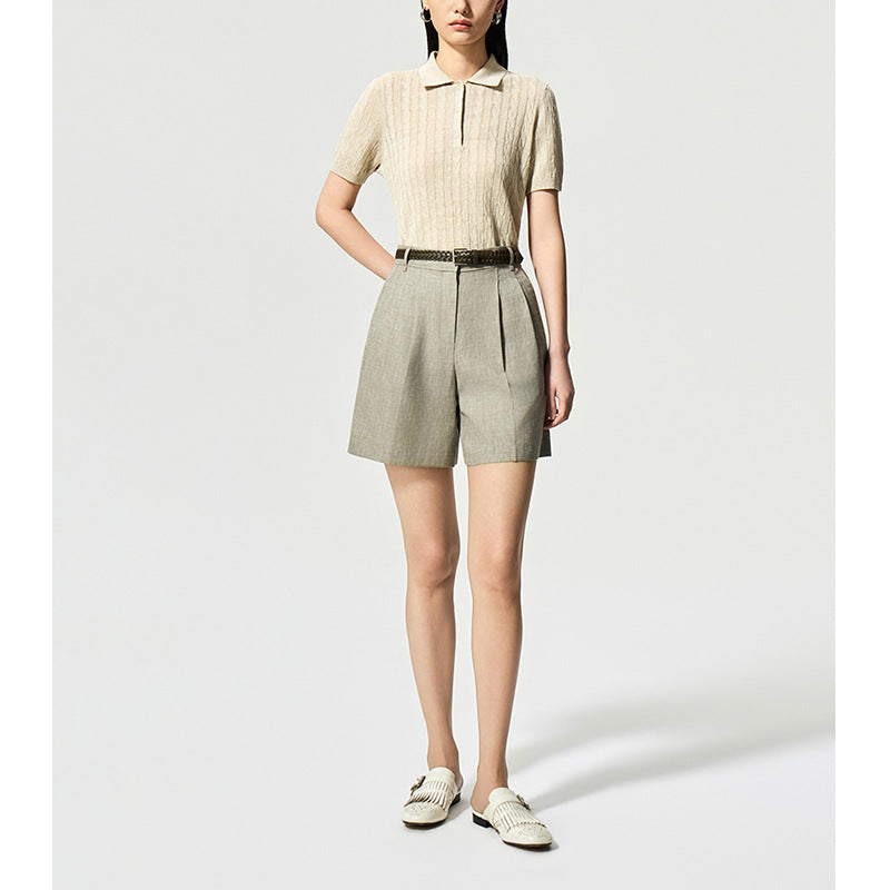 Vintage Preppy Style Polo Neck Linen Knit Short Sleeve Top for Women, Lightweight Spring/Summer Wear
