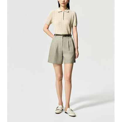 Vintage Preppy Style Polo Neck Linen Knit Short Sleeve Top for Women, Lightweight Spring/Summer Wear