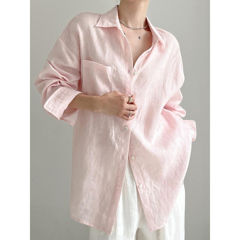 Long Sleeve Shirt for Women Lightweight Cotton-Linen Breathable Summer Blouse