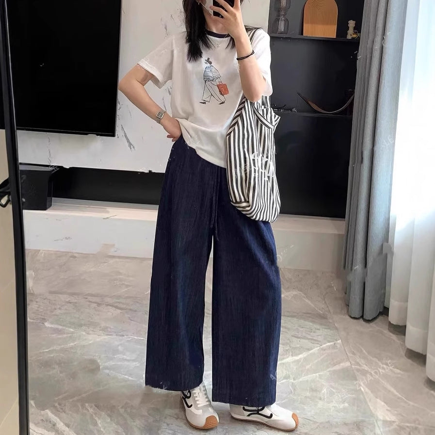 Deep Blue Linen Wide-Leg Pants for Women Summer Lightweight Loose Slimming Relaxed Straight Leg Trousers
