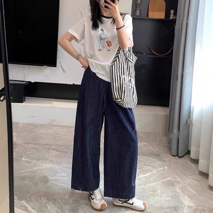 Deep Blue Linen Wide-Leg Pants for Women Summer Lightweight Loose Slimming Relaxed Straight Leg Trousers