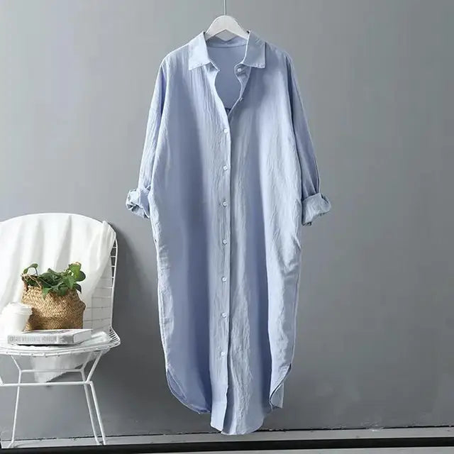 Fashion Long Sleeve Cotton Linen Midi Dress Women Fall Loose Casual Comfortable White Buttons Dresses For Women Robe Femme