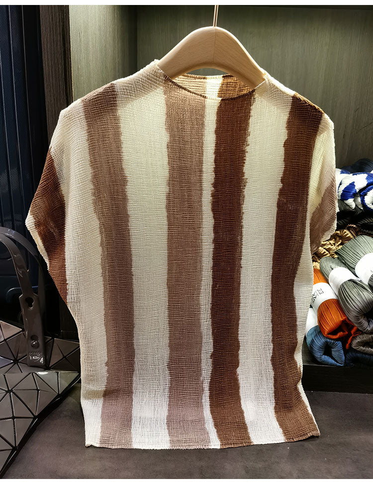 Women's Miyake-Style Pleated Striped T-Shirt