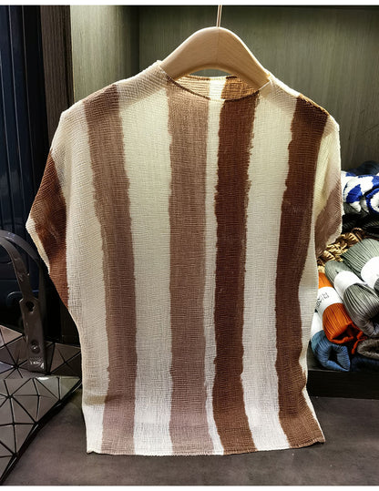 Women's Miyake-Style Pleated Striped T-Shirt