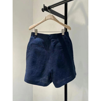 Summer Lightweight Wide Commuting Versatile Dark Blue Ramie Casual Shorts Loose Linen Pants for Women