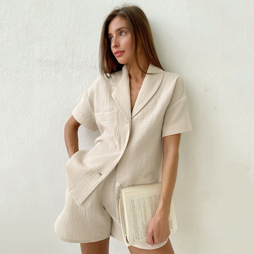 Summer Cotton Shorts Short Sleeve Shirt Two-Piece Commuter Casual Fashion Small Fragrance Suit Women's Clothing