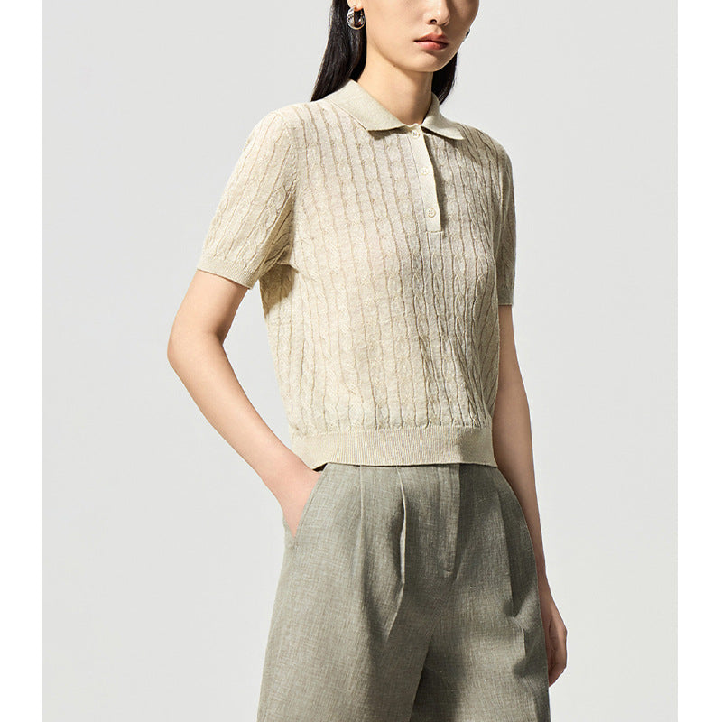 Vintage Preppy Style Polo Neck Linen Knit Short Sleeve Top for Women, Lightweight Spring/Summer Wear
