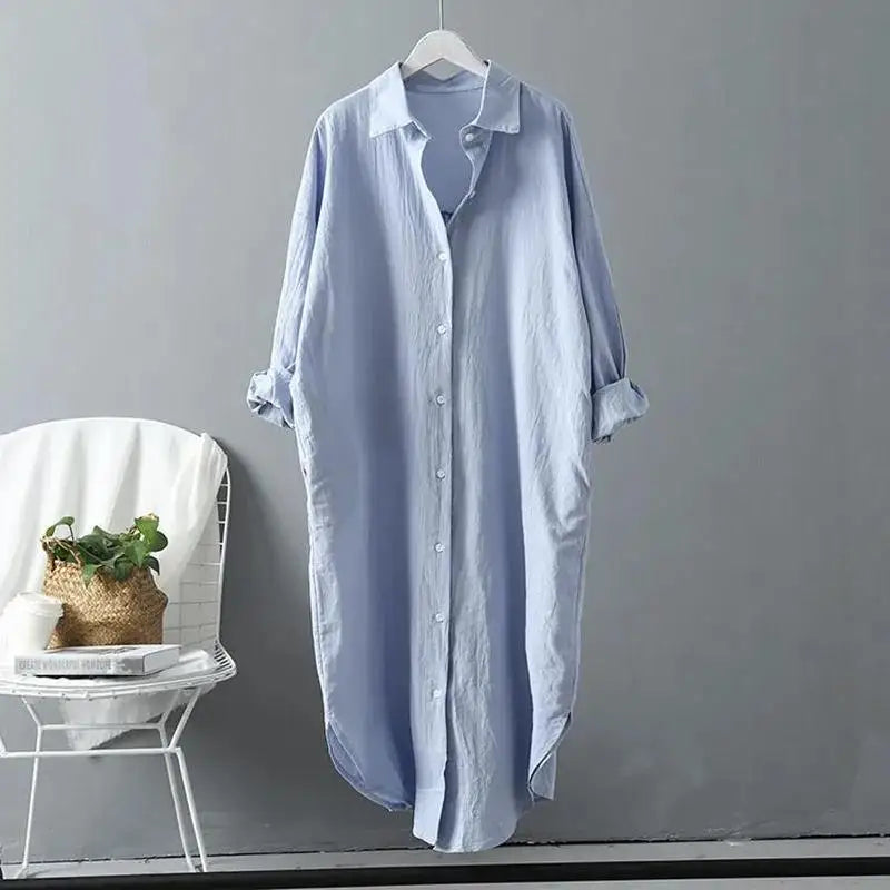 Fashion Long Sleeve Cotton Linen Midi Dress Women Fall Loose Casual Comfortable White Buttons Dresses For Women Robe Femme