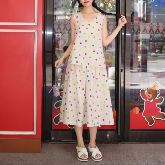 Fashion style  Sleeve length Neckline  Type of clothing  Colorful Polka Dot Thick Linen Plain Weave Blouse Skirt Set