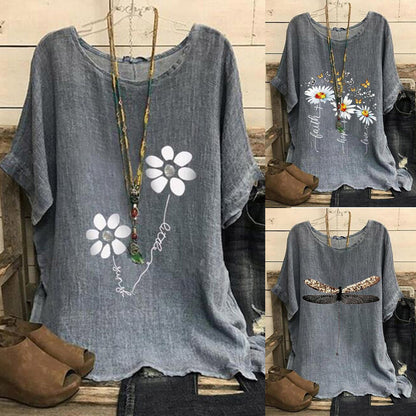 Summer Women's New Cotton And Linen Printing Pattern Five-Point Sleeve Temperament T-Shirt