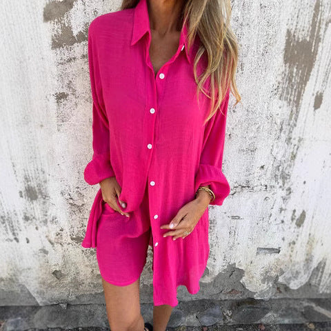 Casual Solid Color Cotton Linen Shorts with Long Sleeve Wrinkled Shirt Two-Piece Set for Women