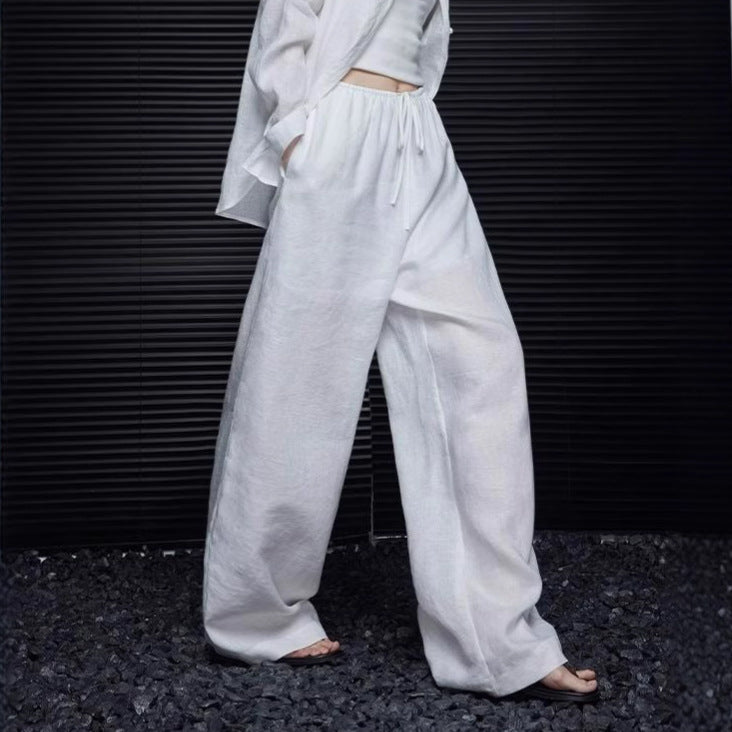 White Linen Wide Leg Pants Women Summer Loose Thin High Waist Flowy Casual Straight Leg Pants