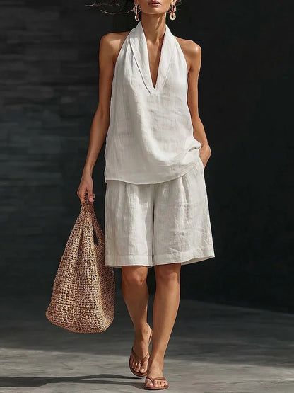 Casual Linen Cotton Vest and Shorts Set for Women, Fashionable Loose Fit, Spring and Summer Style