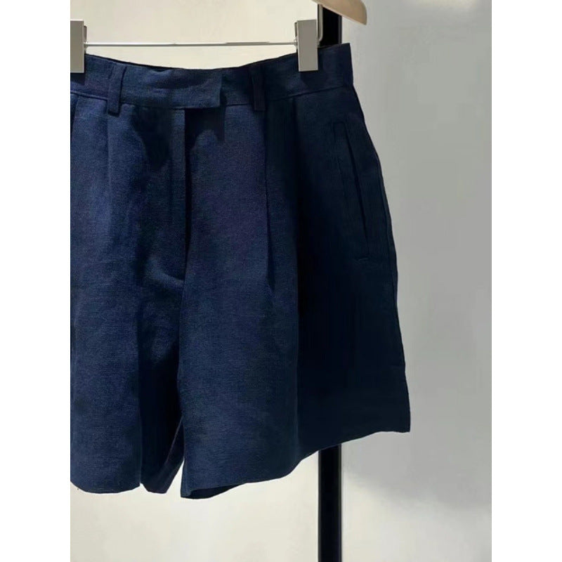 Summer Lightweight Wide Commuting Versatile Dark Blue Ramie Casual Shorts Loose Linen Pants for Women