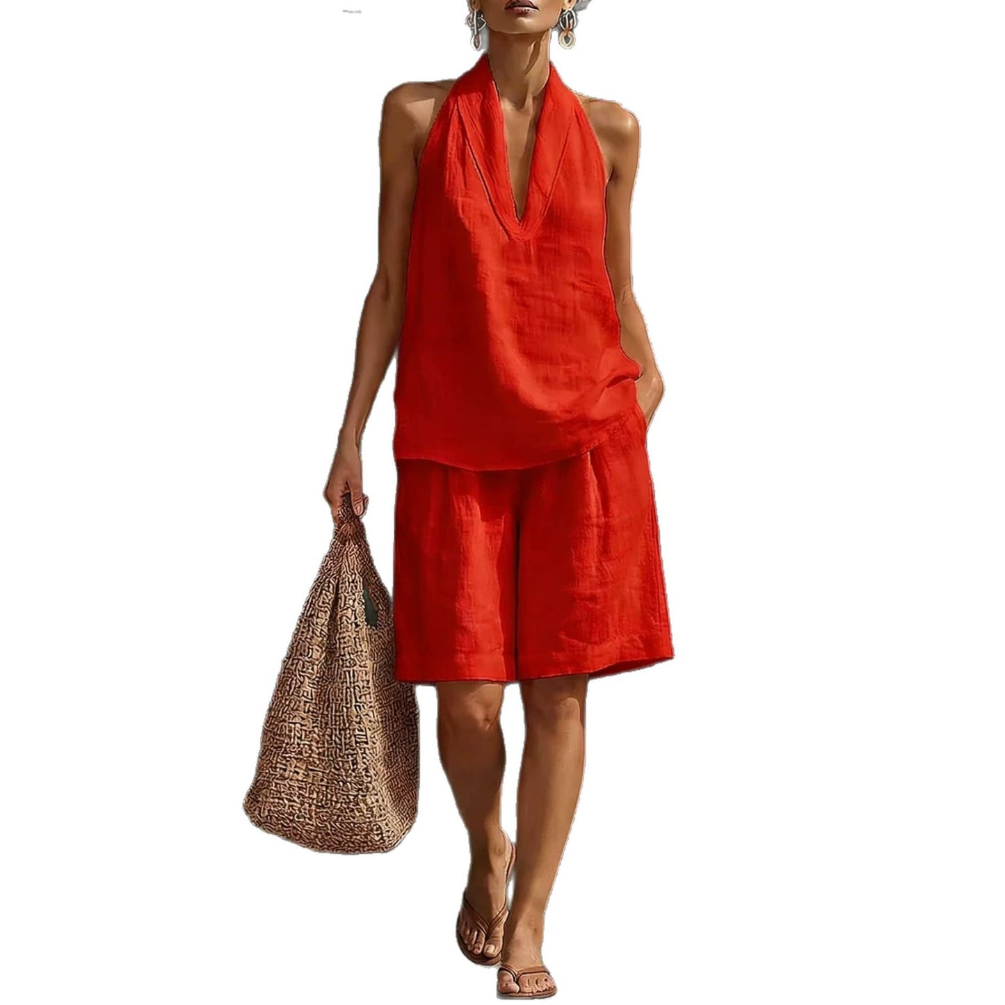 Casual Linen Cotton Vest and Shorts Set for Women, Fashionable Loose Fit, Spring and Summer Style