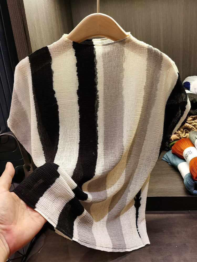Summer Miyake Simple Striped Print Pleated T-shirt Casual Elegant Office Ladies Women's T-shirt Women Clothing