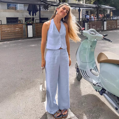 Fashion cotton and linen light blue hanging neck vest set women's cardigan wide leg pants two-piece set women's clothing ﻿