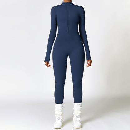 Zipper nude tight fitting velvet yoga jumpsuit, outdoor warm jumpsuit, running fitness suit