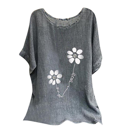 Summer Women's New Cotton And Linen Printing Pattern Five-Point Sleeve Temperament T-Shirt