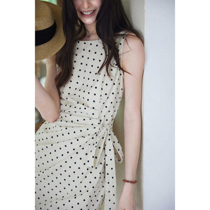 Polka Dot Dress with Side Waist Cinch Linen-Cotton Fabric Long Dress for Women