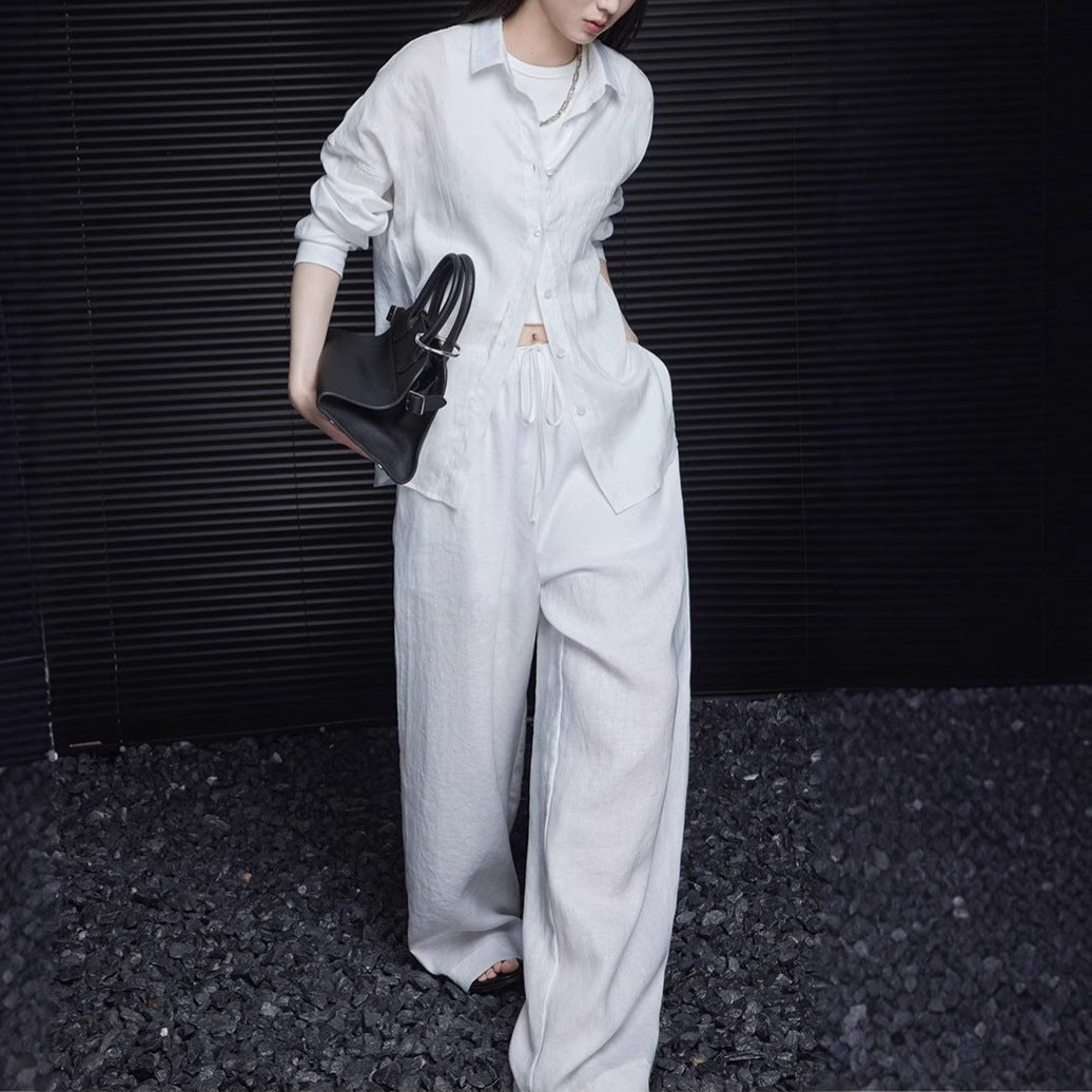 White Linen Wide Leg Pants Women Summer Loose Thin High Waist Flowy Casual Straight Leg Pants