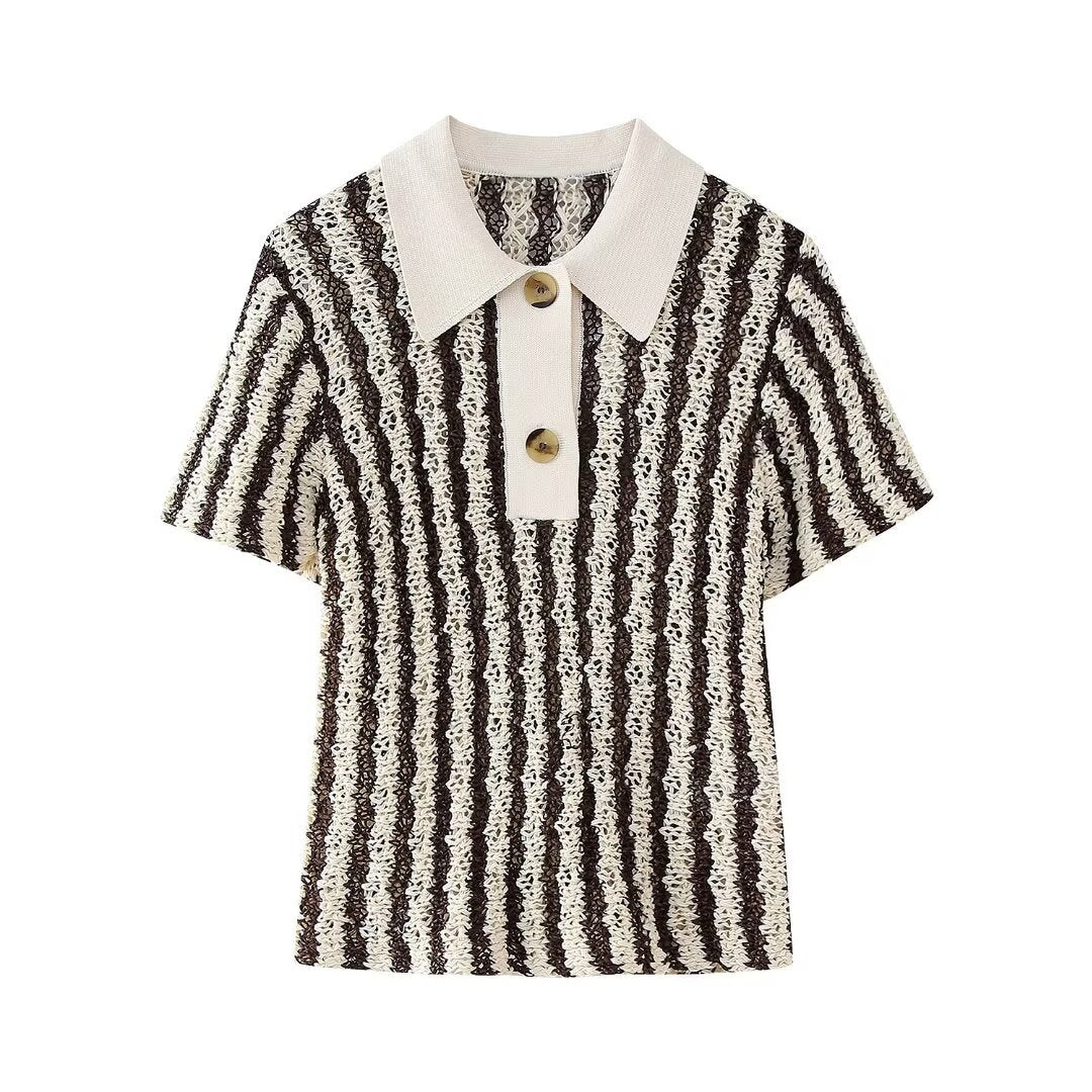 Temperament collar, short collar, striped pullover, versatile knit sweater for women