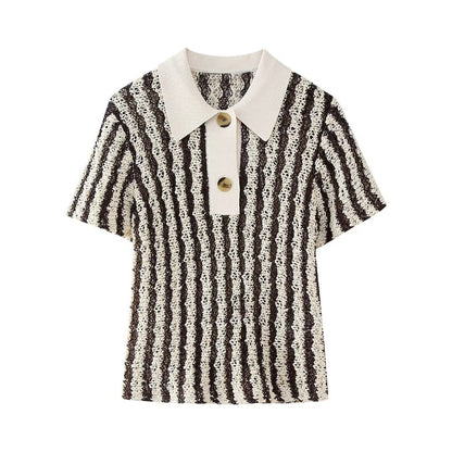 Temperament collar, short collar, striped pullover, versatile knit sweater for women