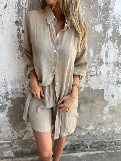 Casual Solid Color Cotton Linen Shorts with Long Sleeve Wrinkled Shirt Two-Piece Set for Women