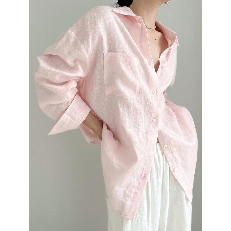Long Sleeve Shirt for Women Lightweight Cotton-Linen Breathable Summer Blouse