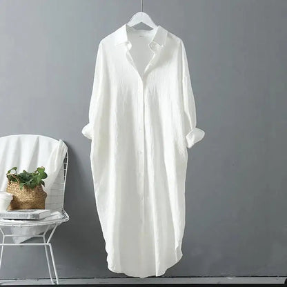 Fashion Long Sleeve Cotton Linen Midi Dress Women Fall Loose Casual Comfortable White Buttons Dresses For Women Robe Femme