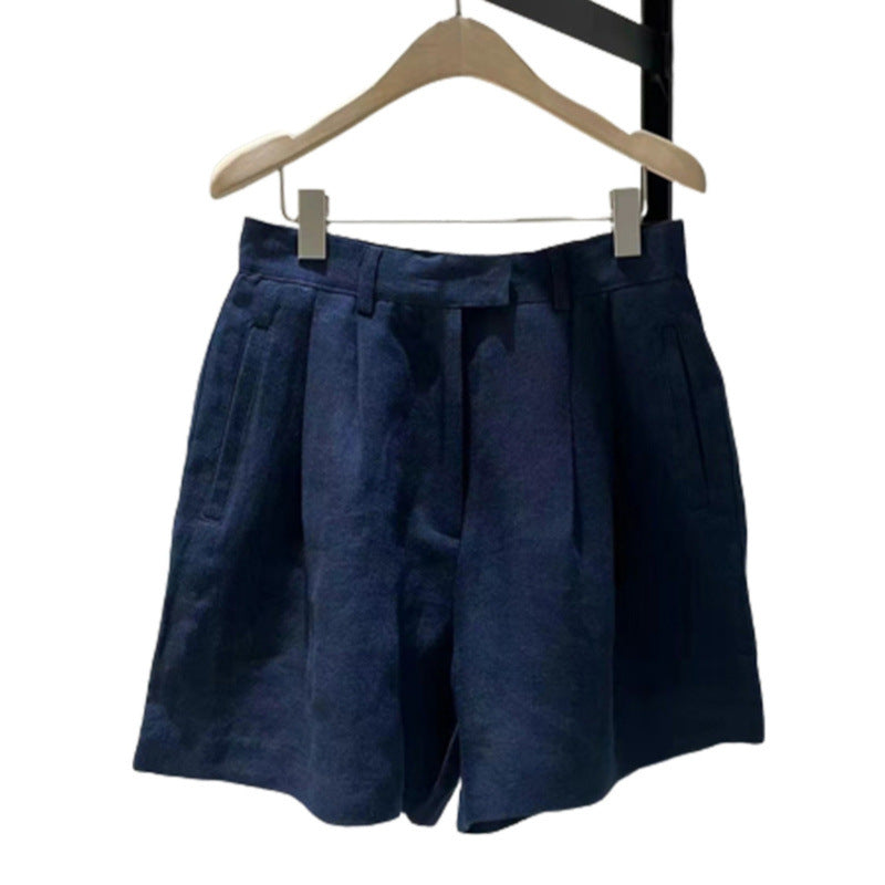 Summer Lightweight Wide Commuting Versatile Dark Blue Ramie Casual Shorts Loose Linen Pants for Women