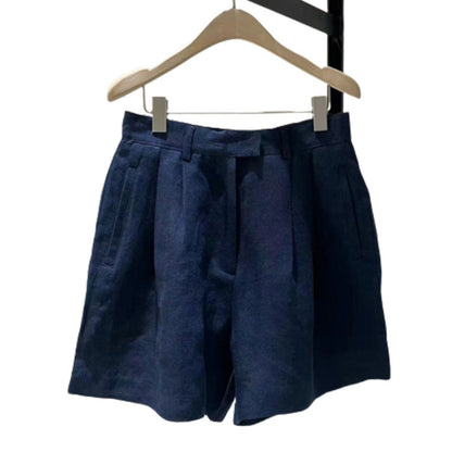 Summer Lightweight Wide Commuting Versatile Dark Blue Ramie Casual Shorts Loose Linen Pants for Women