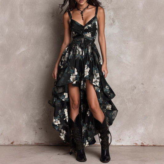 Black Floral High-Low Asymmetric Dress