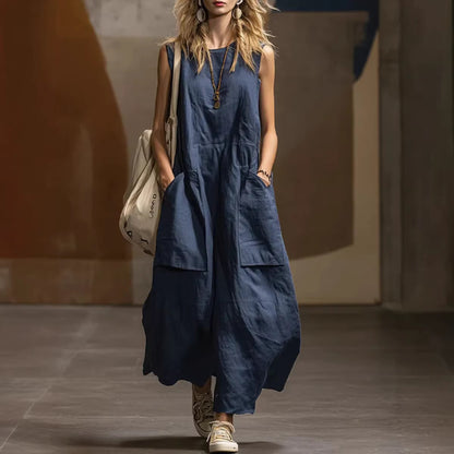 Casual Loose Sleeveless Cotton Linen Dress with 3D Pockets Summer Fashion Dress