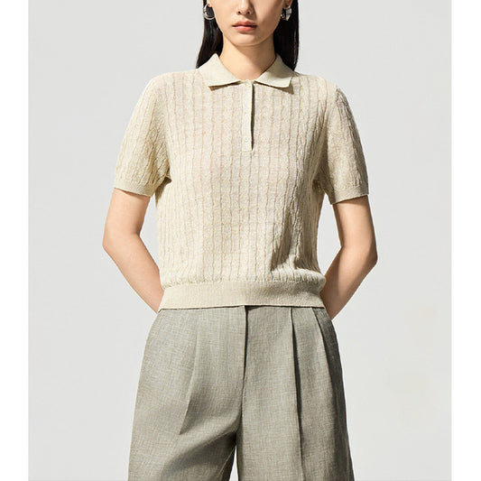 Vintage Preppy Style Polo Neck Linen Knit Short Sleeve Top for Women, Lightweight Spring/Summer Wear
