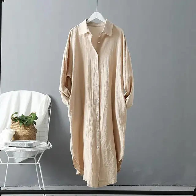 Fashion Long Sleeve Cotton Linen Midi Dress Women Fall Loose Casual Comfortable White Buttons Dresses For Women Robe Femme